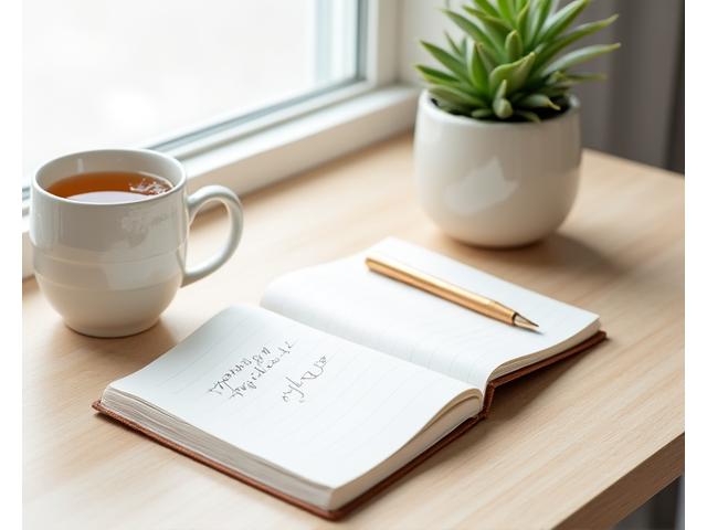 Un elegante tavolino con una tazza di tè alle erbe, un taccuino e una penna, simbolo di pianificazione energetica.