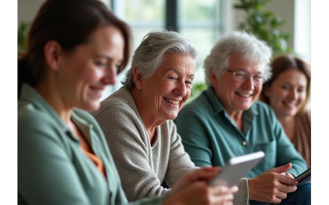 Diverse persone di mezza età che si connettono e sorridono su una piattaforma digitale, con un'atmosfera calda e accogliente.