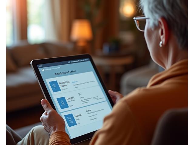 Una persona anziana che personalizza le impostazioni su una tablet, con icone di preferenze e accessibilità.