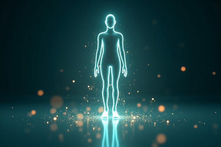 Un'interfaccia futuristica che mostra grafici e indicatori di personalizzazione wellness basati su AI, con un'aura di dati che si trasforma in un profilo utente unico.