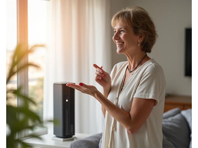 Donna sorridente che mostra un purificatore d'aria
