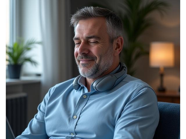 Uomo che usa un massaggiatore cervicale ergonomico