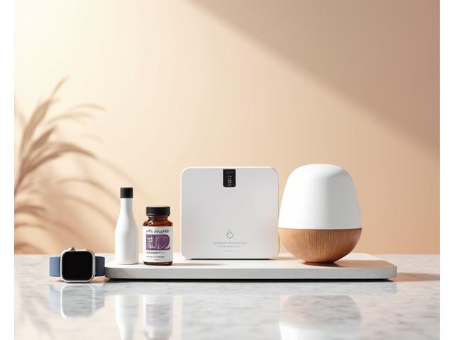 Selezione di prodotti wellness all'avanguardia su un elegante display